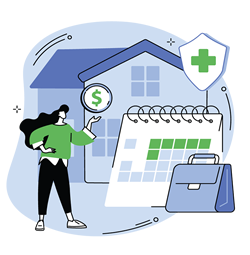 Employee Benefits graphic illustration of person with long hair holding large coin, near calendar, briefcase, house, and shield with cross indicating health.