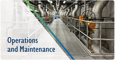 Operations and Maintenance - Words over a picture of the inside of a WEP Wastewater Treatment Facility