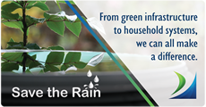 Save the Rain - Logo and words over picture of full rainbarrel with plant