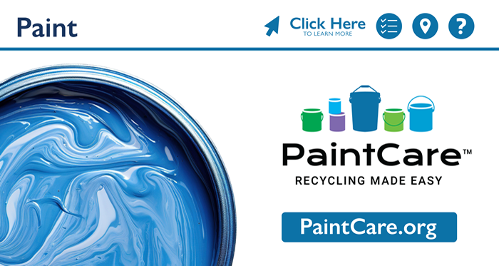 Paint should be disposed of through PaintCare, shows paint in can with logo and links