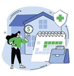 Employee Benefits graphic illustration of person with long hair holding large coin, near calendar, briefcase, house, and shield with cross indicating health.