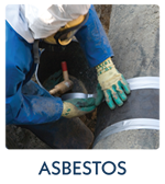 Asbestos - words under picture of person in hazmat suit taping dusty pipe