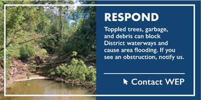 Respond - Toppled trees, garbage, and debri can block District waterways and cause area flooding. If you see an obstruction, notify us. (Click to Contact WEP)